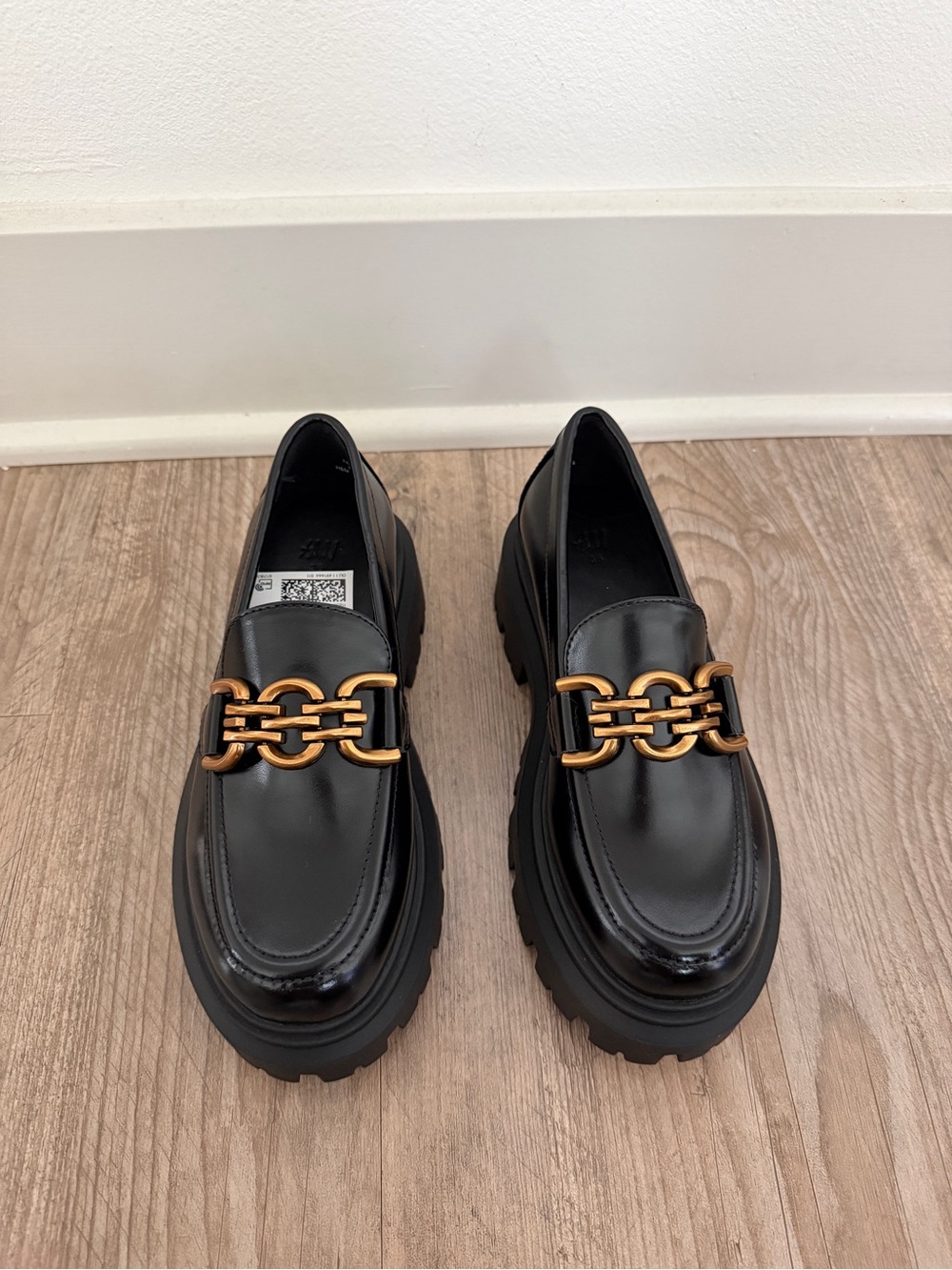 Black Women's Chunky Loafer with Gold Chain Accent